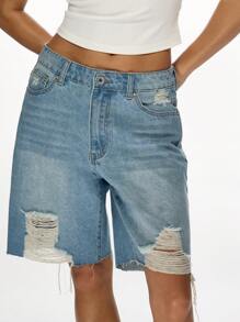 MISSGUIDED High Rise Distressed Knee Length Bermuda Denim Shorts Ripped Raw Hem Summer Casual Street Style Y2K Fashion - Blue - View 6