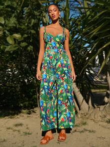 Travachic 女士热带印花阔腿连体裤，非常适合度假，女士夏季服装，热带度假女士服装 - 綠色 - 查看 6
