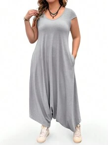 EMERY ROSE Plus Size Women Loose Versatile Short Sleeve Knit Elastic Jumpsuit - Grey - View 4