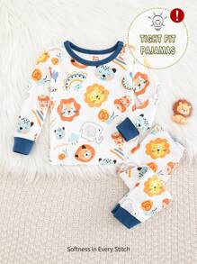 Cozy Pixies 2pcs Baby Boy Snug Fit Pajama Set, Cartoon Animal Pattern Knitted Soft Crew Neck Long Sleeve Top & Long Pants