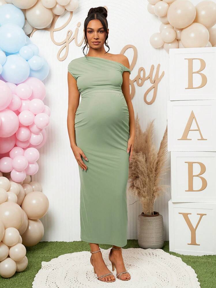 SHEIN Loomaby 2pcs Maternity Asymmetrical Shoulder Gender Reveal Dress, For  Baby Shower Party | SHEIN USA