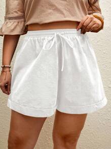 SHEIN VCAY 大码女式纯色腰带宽松短裤 - 白色 - 查看 1