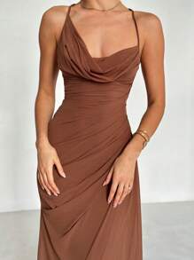Firerie 女士优雅浪漫时尚通勤性感优雅风格连衣裙，适合派对、度假、返校、浪漫约会和婚礼生日、派对礼服、深 V 领露背系带褶皱连衣裙 - 咖啡棕 - 查看 3