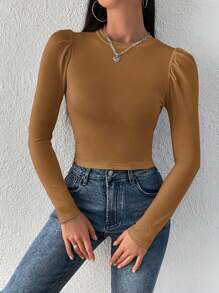 SHEIN Privé Women's Solid Round Neck Puff Sleeve Fitted T-Shirt - Khaki - View 3
