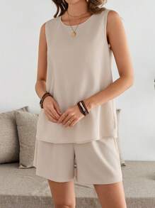 EMERY ROSE 2pcs/Set Women's Solid Color Crew Neck Sleeveless Top And Shorts Set - Khaki - View 4