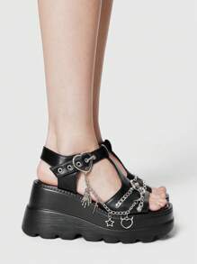 ROMWE Grunge Punk Women's Chain Decor Casual Wedge Heel Platform Sandals - Black - View 5