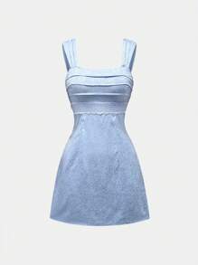 Sweetra 法式甜美浪漫露背缎面提花蝴蝶结女式紧身迷你连衣裙 - 藍色 - 查看 1