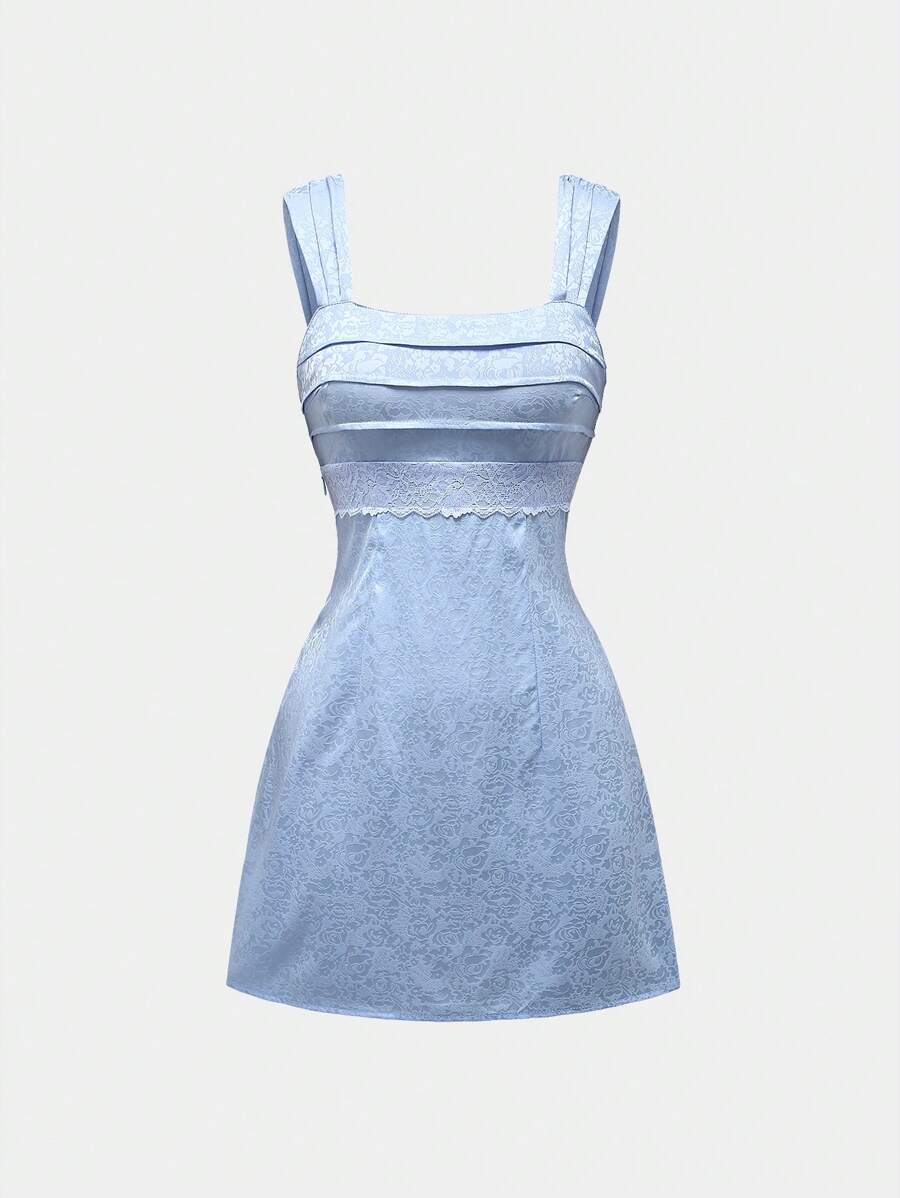 Sweetra 法式甜美浪漫露背缎面提花蝴蝶结女式紧身迷你连衣裙 - 藍色 - 查看 1