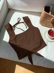 Comfortcana Coffee Brown Knit Backless Tie-Up Cami Top - Coffee Brown - View 3