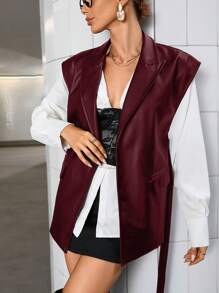 Aveloria Modichic 纯色复古 PU 皮革简约 OL 商务风格翻领收腰系带无袖背心夹克