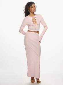 MISSGUIDED Ribbed Knit Tie Front Keyhole Crop Top And High Waist Maxi Skirt Set Co-Ord Winter Holiday Party Evening Wear - Baby Pink - View 1