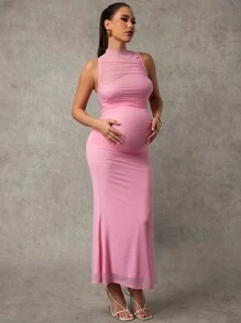 MaterniChic Slim Fit Solid Color Maternity Dress, Pink Dress - Pink - View 5