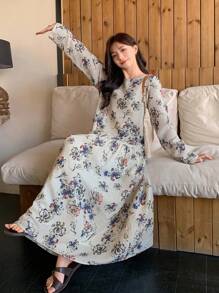 FRIFUL Đầm linen họa tiết hoa nhí cho nữ, thời trang mùa xuân, đầm tay dài mùa thu, trang phục đi nghỉ mát, phong cách boho. - Nhiều màu - Xem 3