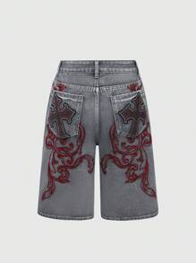 ROMWE Grunge Punk Embroidered Cross Design Denim Shorts - Light Grey - View 5