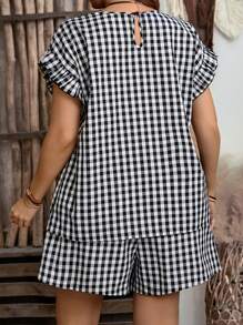 EMERY ROSE 2pcs/Set Plus Size Casual Round Neck Plaid Print Short Sleeve Top And Shorts Set Summer Outfits Spring Outfits For Women Vacation Outfits Woman Beach Outfits For Women - Black and White - View 2