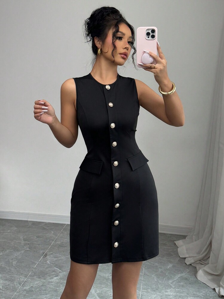 Elenzga Vestido elegante sin mangas para oficina de mujer con botones frontales y cintura anudada