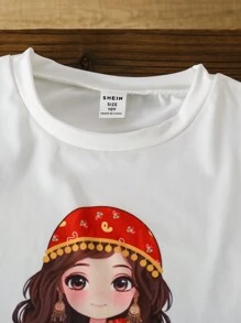 SHEIN Tween Girls Ramadan Islamic Themed Print Round Neck T-Shirt, Suitable Year-Round