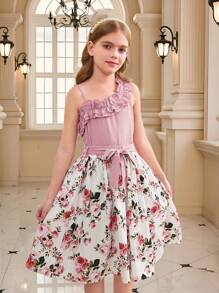 SHEIN Tween Girls Casual Ruffled Multi-Layer Oblique Shoulder Cropped Top And Floral Print A-Line Skirt 2 Pieces Set, Sweet Princess Style, Suitable For Spring Outing, Flower Girl Dress - Pink - View 8