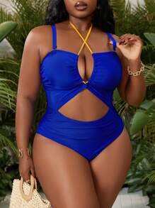 SHEIN Swim Curve Plus Size Women Blue & Yellow Contrast Color Hollow Out Drawstring One-Piece Swimsuit, Casual & Suitable For Holiday, For Summer Beach Vacation - Multicolor - View 5