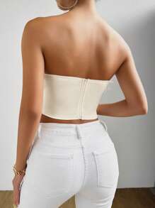 Zolique Women's Solid Color Furry Patchwork Cropped Top, Fitted And Fashionable - Apricot - View 2