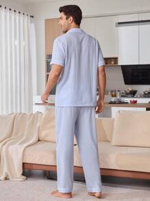 Men's Front Button Short Sleeve Striped Simple Pajama Set With Pants