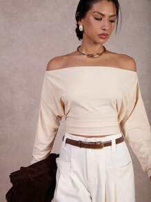COSMINA Women Off Shoulder Long Sleeve Ruffle Solid Color Casual Top