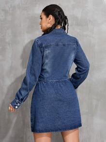 SHEIN PETITE Women's Long Sleeve Single-Breasted Casual Denim Dress - Blue - View 2
