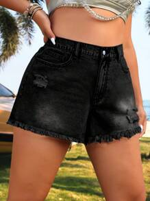 SHEIN ICON Plus Size Denim Shorts, Simple Fashion Casual For Daily Wear - Black - View 5