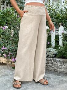 SHEIN Pregnant Women's Solid Color Wide Leg Pants With Pockets, Suitable For Vacation - Apricot - View 1