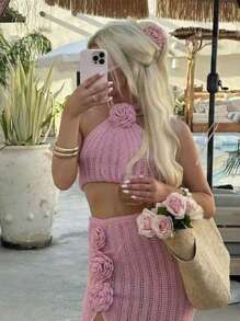 Chiquease New Spring/Summer Sexy Tie-Up Halter Floral Breathable Vacation Skirt Set For Women - Pink - View 3