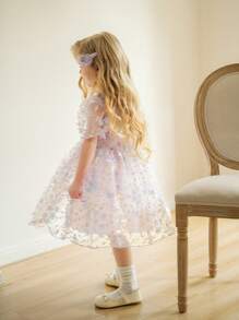 SHEIN 少女新品圆领短袖立体蝴蝶网纱收腰连衣裙适合正式场合穿着舒适时尚优雅甜美可爱如公主裙 - 彩色 - 查看 8