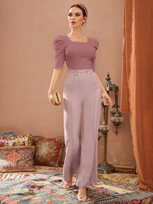 Modelyn 女士方领泡泡袖勃艮第红 T 恤 - 粉色 - 查看 4