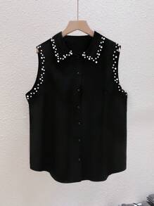 SHEIN LUNE Camicia a maniche corte con collo alla coreana e applicazioni di perle, adatta a donne taglia forte