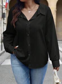 Elenzga Áo sơ mi dài tay đơn giản cài nút màu trơn cỡ lớn dành cho nữ mặc hàng ngày - màu đen - Xem 5