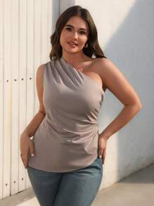 Aveloria Modichic Blusa sin mangas asimétrica plisada de alta gama para mujer de talla grande - Gris - Ver 3