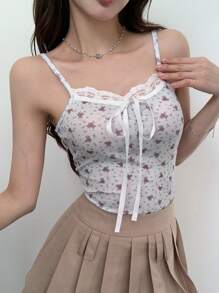 Women's Lace Panel Spaghetti Strap Minimalist Casual Top, Everyday Wear Floral Tank Tops,Boho Tops - White - View 4