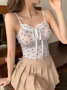 Women's Lace Panel Spaghetti Strap Minimalist Casual Top, Everyday Wear Floral Tank Tops,Boho Tops - White - View 6