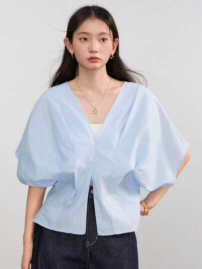 Dazy-Less 纹理褶皱泡泡袖 V 领短袖女式夏季老款衬衫