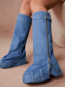 CUCCOO CURVES Plus Size Women Vintage Thick Sole Fashion Round Toe Shark Hem Belt Buckle Long Boots For Autumn/Winter