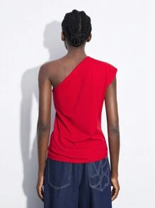 Maija 2025 Summer New Fashion Red Asymmetrical Cut Shoulder Ruched Design Women's Top, Casual Business Daily Commute Elegant Beach Holiday Wear, Suitable For Wedding Guest, Country Music Festival, Brunch, Airport