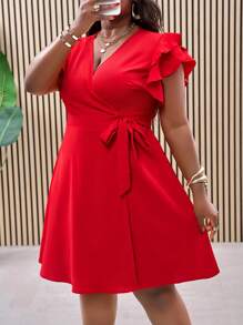 Slaydiva Plus Size Red Double Ruffle Wrap-Style Tied Side Waist Fit & Flare Summer Vacation Dress - Red - View 7