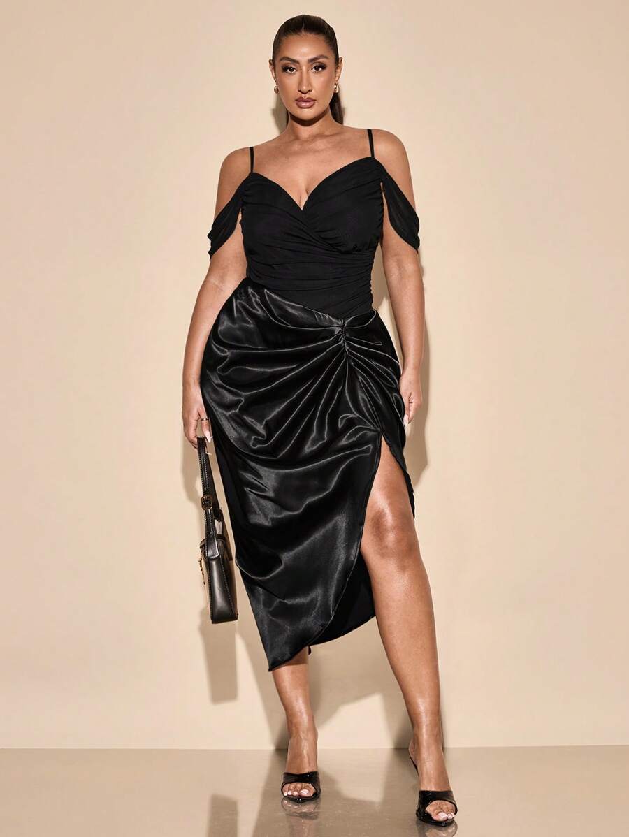 SHEIN BAE Plus Size Women's Black Elegant Draped Open Shoulder Bodysuit, Sexy & Suitable For Daily Wear, Outing, Date, Afternoon Tea, Vacation, Spring/Summer - Black - View 1