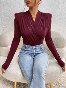 SHEIN Privé 优雅纯色长袖裹身紧身衣，适合通勤 - 酒紅色 - 查看 5