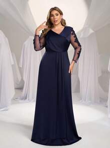 SHEIN Belle Vestido largo de noche elegante, lujoso y vintage con manga larga, cuello en V con aplicaciones, plisado y ajustado para tallas grandes - Vestido de fiesta, para invitada de boda, vestido de noche