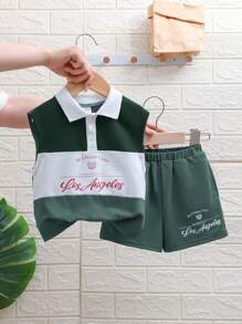 SHEIN Leap Crew Baby Jungen & Baby Mädchen legeres College-Stil bequemes, modisches und vielseitiges, locker sitzendes, weiches Baumwolle Polo T-Shirt ohne Ärmel und Short Set, mehrfarbige Patchwork-Optik mit kontrastierendem Buchstaben Muster, geeignet für Frühling/Sommer - Verschiedenfarbig - Übersicht 3
