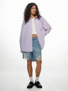 MISSGUIDED Oversized Button Down Striped Shirt Long Sleeve Casual Loose Fit Boyfriend Style Top Spring Summer Fashion Streetwear