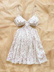 Soleia Vestido curto de férias primavera/verão com estampa floral e patchwork de renda, decote em V, cintura baixa, corte A, costas nuas, ideal para festivais de música, estilo boêmio, feriados, chá da tarde - Vermelho - Ver 5