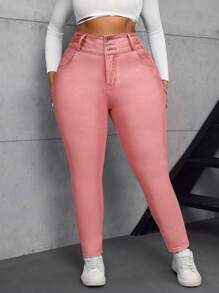 SHEIN SXY 大码女式高腰口袋休闲紧身牛仔裤 - 粉色 - 查看 3