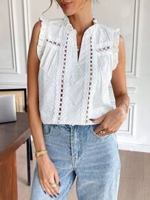SHEIN Frenchy Blusa francesa de mujer con cuello con muesca, textura a rayas y volantes, para verano, blanca, informal, para boda - Beis - Ver 7