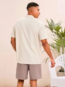 Mainfolk 男士休闲日常梭织宽松短袖衬衫和松紧腰直筒短裤两件套 - 杏色 - 查看 3